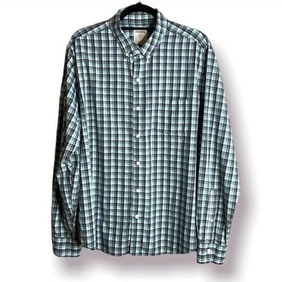 Fossil 54 Size L Aqua Charcoal White Plaid Lightweight Casual Button Down - Picture 1 of 7